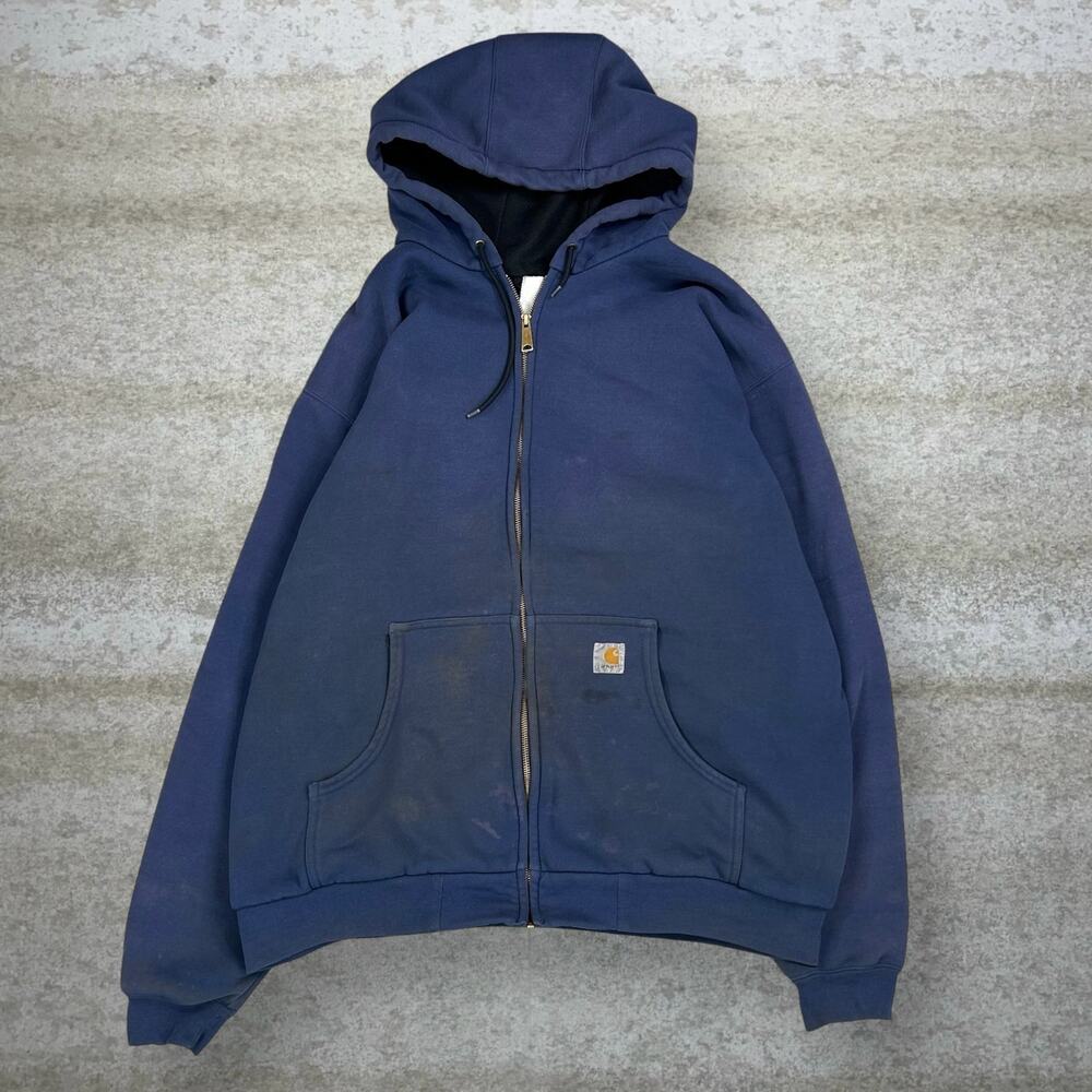 Vintage 90s Carhartt Hoodie Mens 2XL Navy Blue Cotton Mesh Lined Full Zip